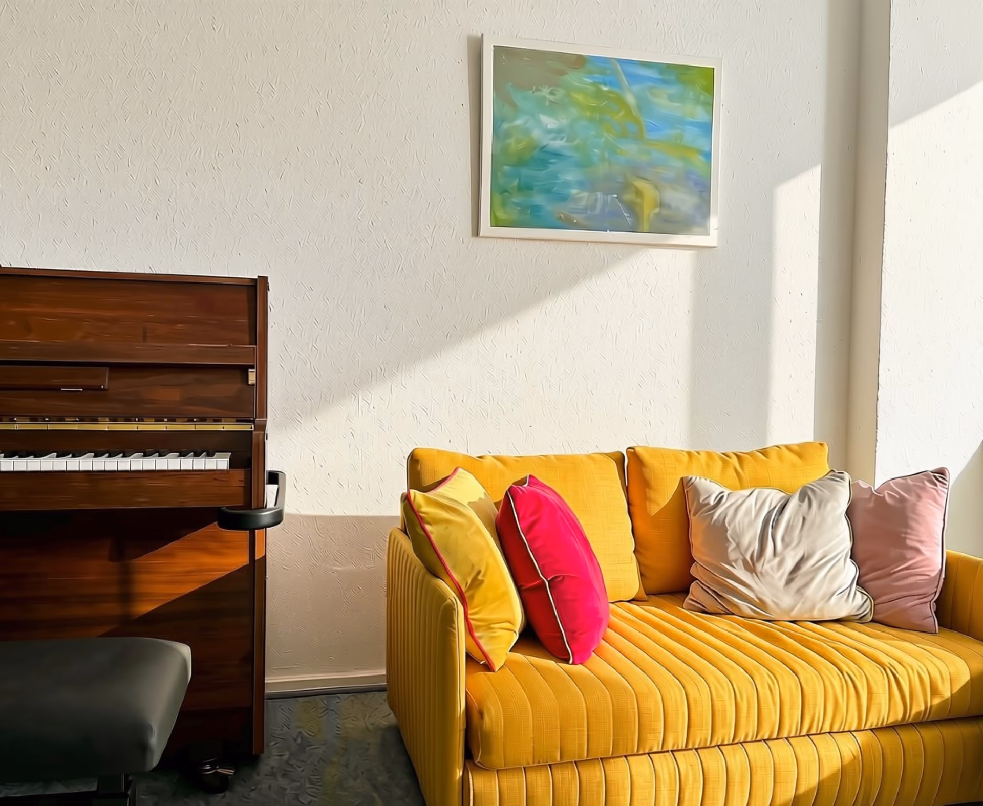 Heller Raum mit gelbem Sofa, das mit bunten Kissen in Gelb, Pink und Beige dekoriert ist, neben einem braunen Klavier mit einer schwarzen Klavierbank und einem abstrakten Gemälde an der weißen Wand.