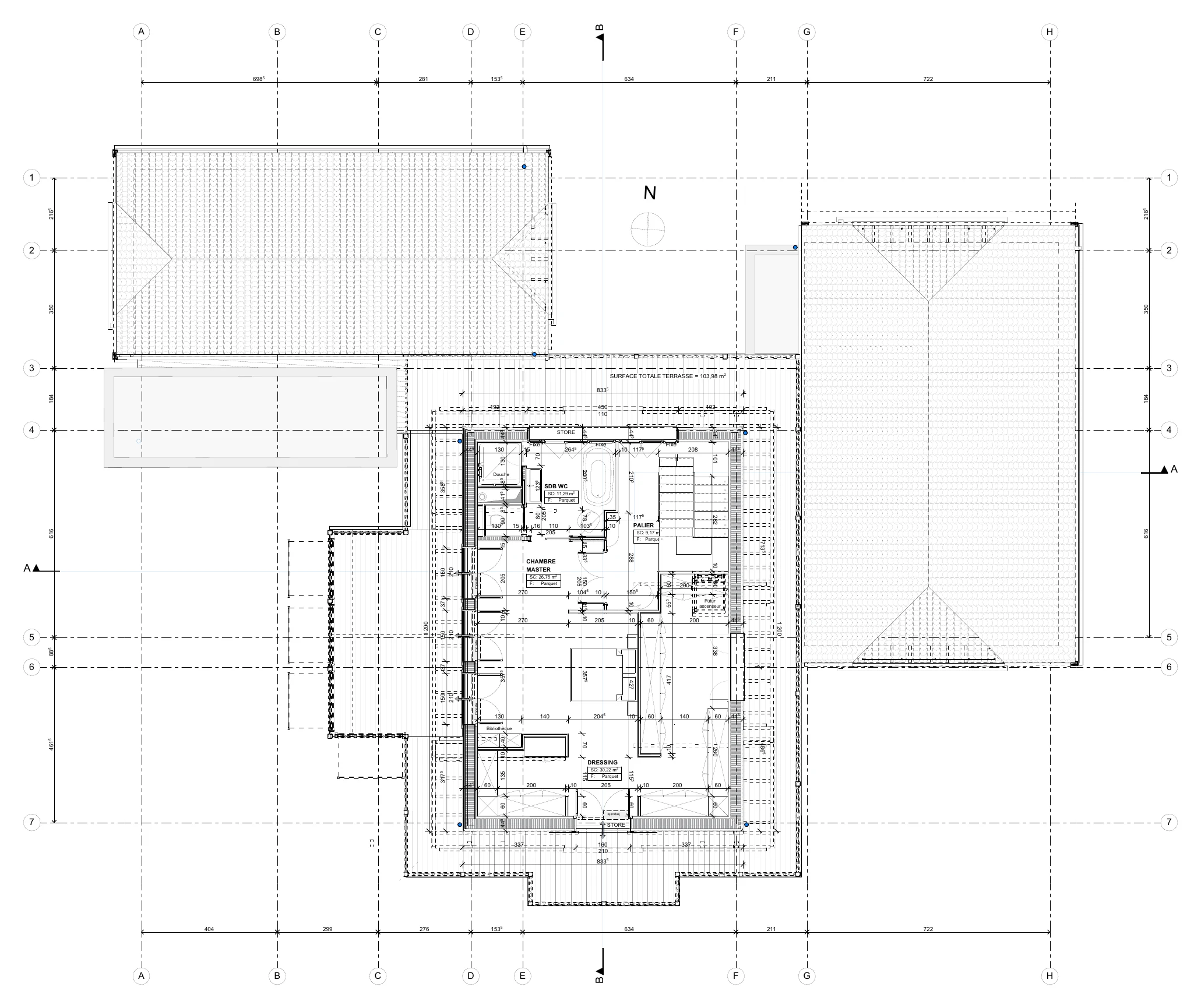 Plan de l'étage : suite parentale avec chambre, salle de bain, dressing et terrasse de 104 m².