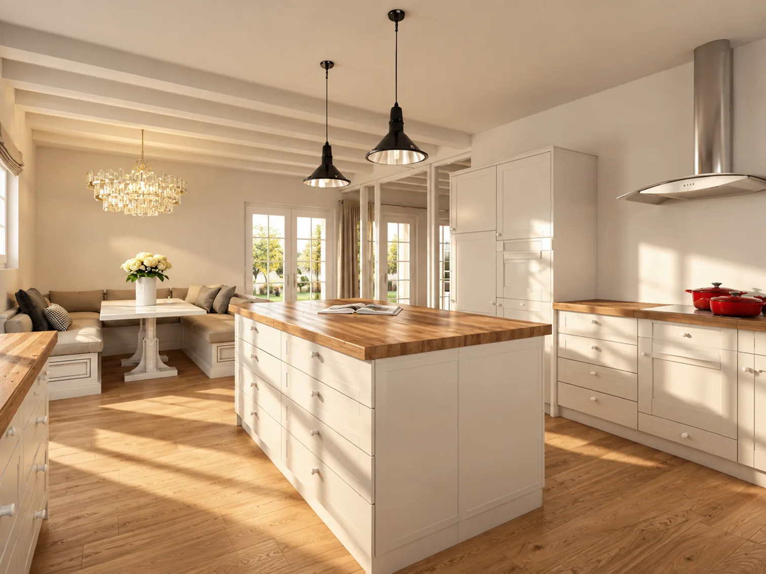Cuisine blanche avec îlot en bois, suspensions noires et banquette d'angle sous les fenêtres.