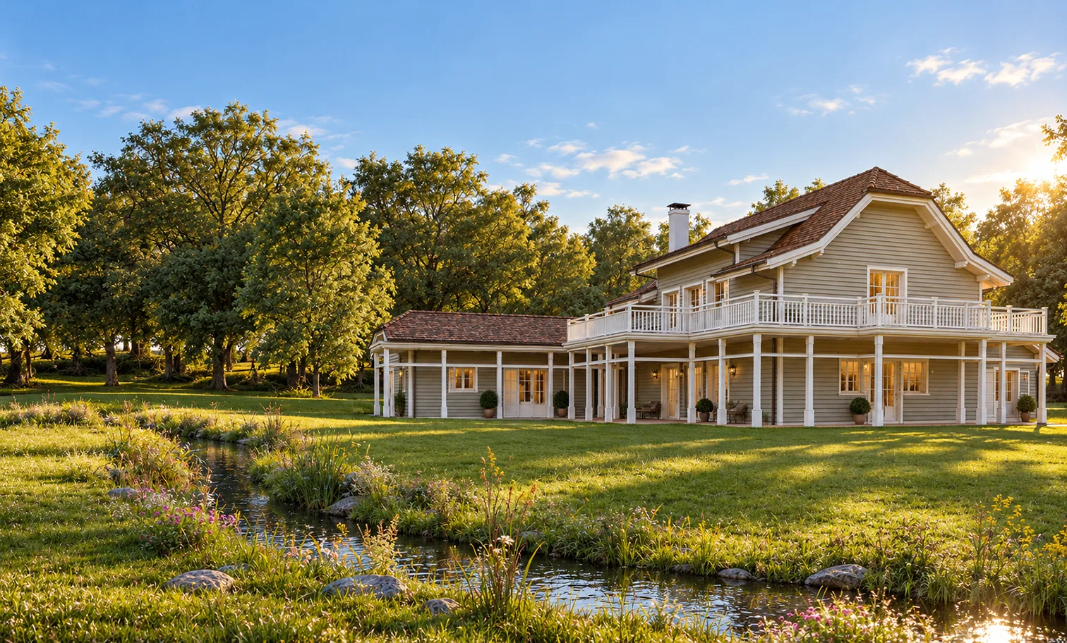 Villa à ossature bois d'inspiration américaine, galerie à colonnes blanches et terrasse à l'étage, au milieu d'un jardin arboré.