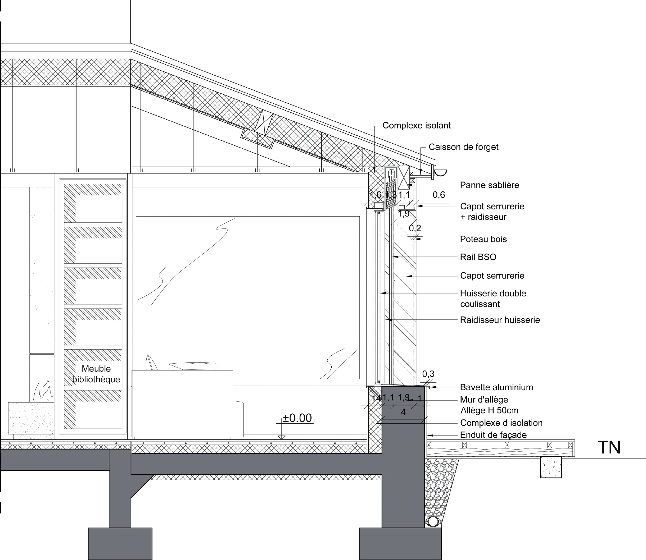 Coupe technique de l'extension : baie coulissante sur allège, brise-soleil orientable et isolation de la toiture.