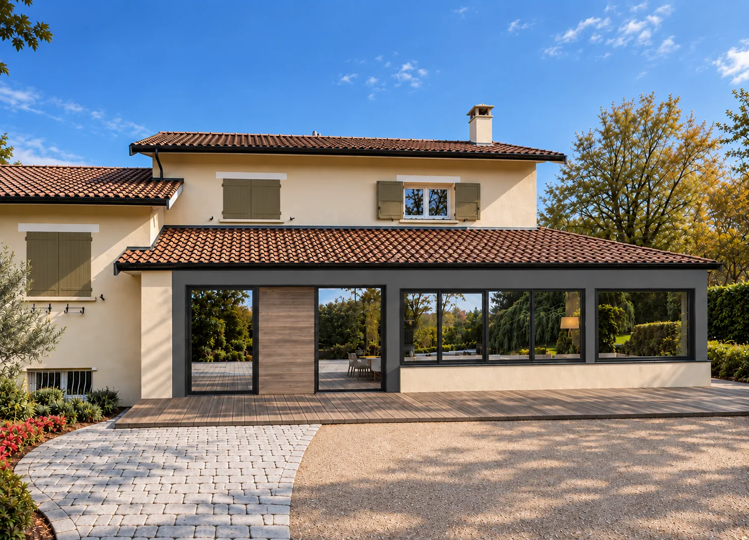 Façade du pavillon après travaux, extension vitrée à cadres noirs ouverte sur une terrasse en bois.