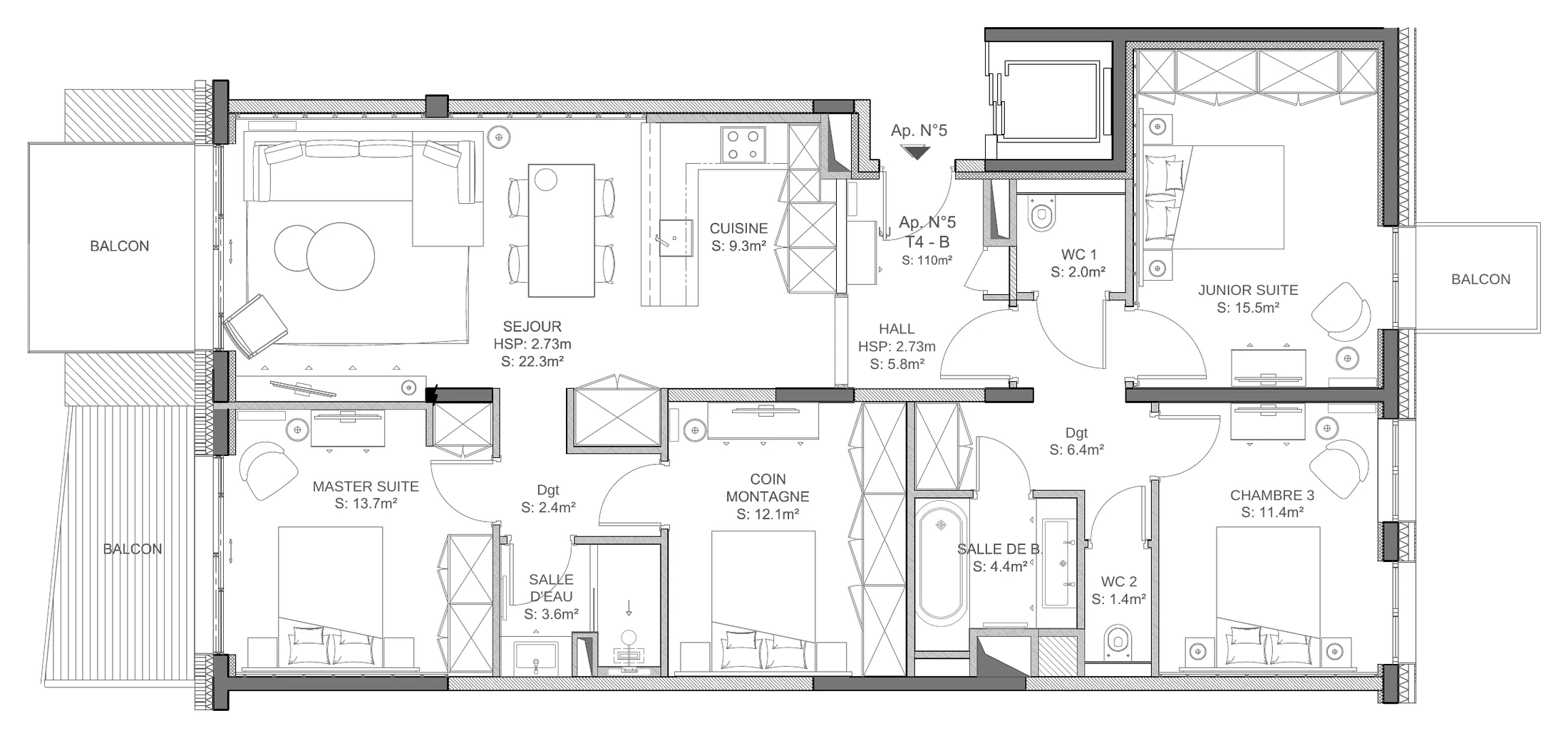 Plan de l'appartement de 110 m² : séjour, cuisine, master suite, junior suite, chambre, coin montagne et salles d'eau.