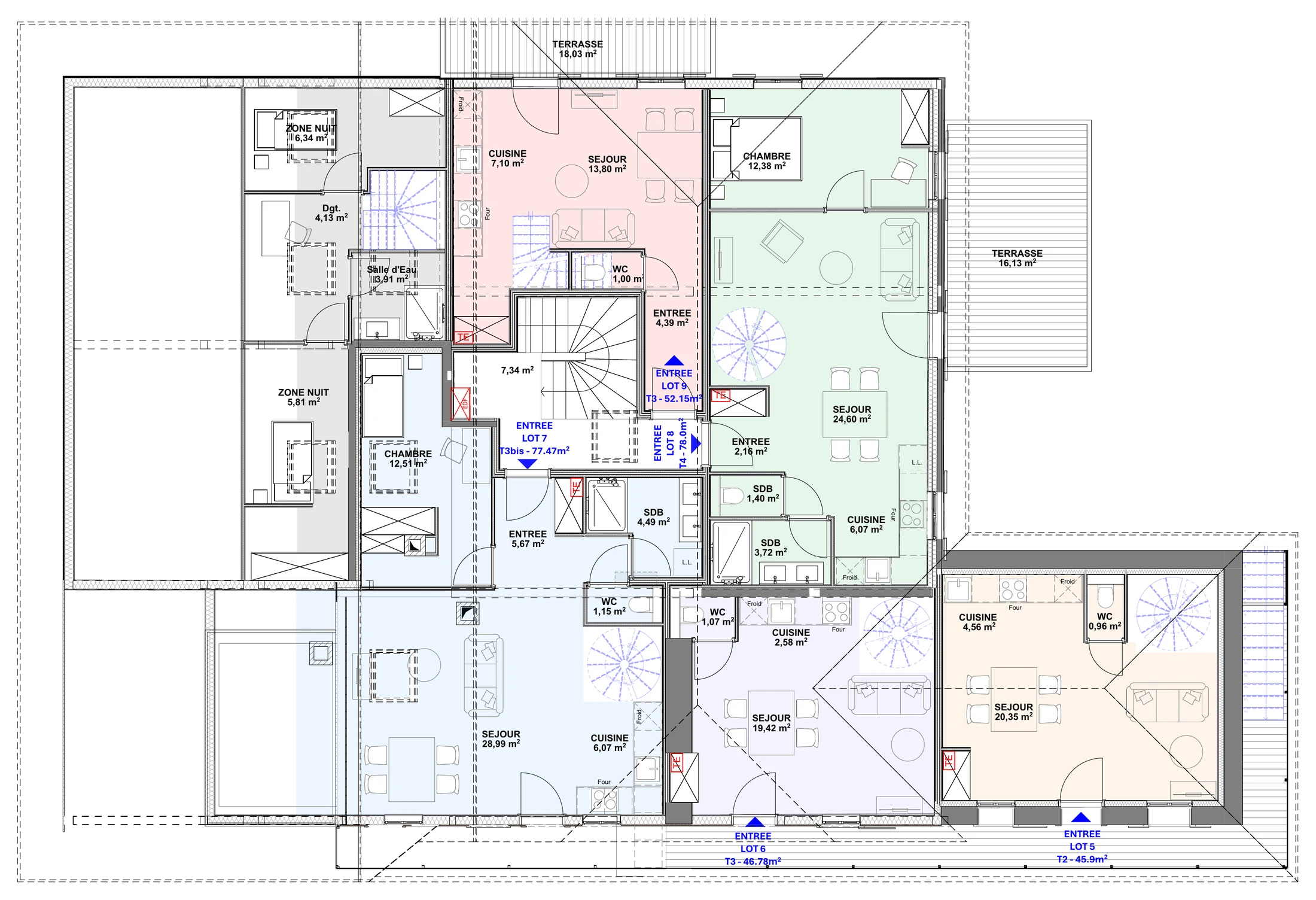 Plan d'aménagement de la grange en cinq logements du T2 au T4, chaque lot repéré par une couleur.
