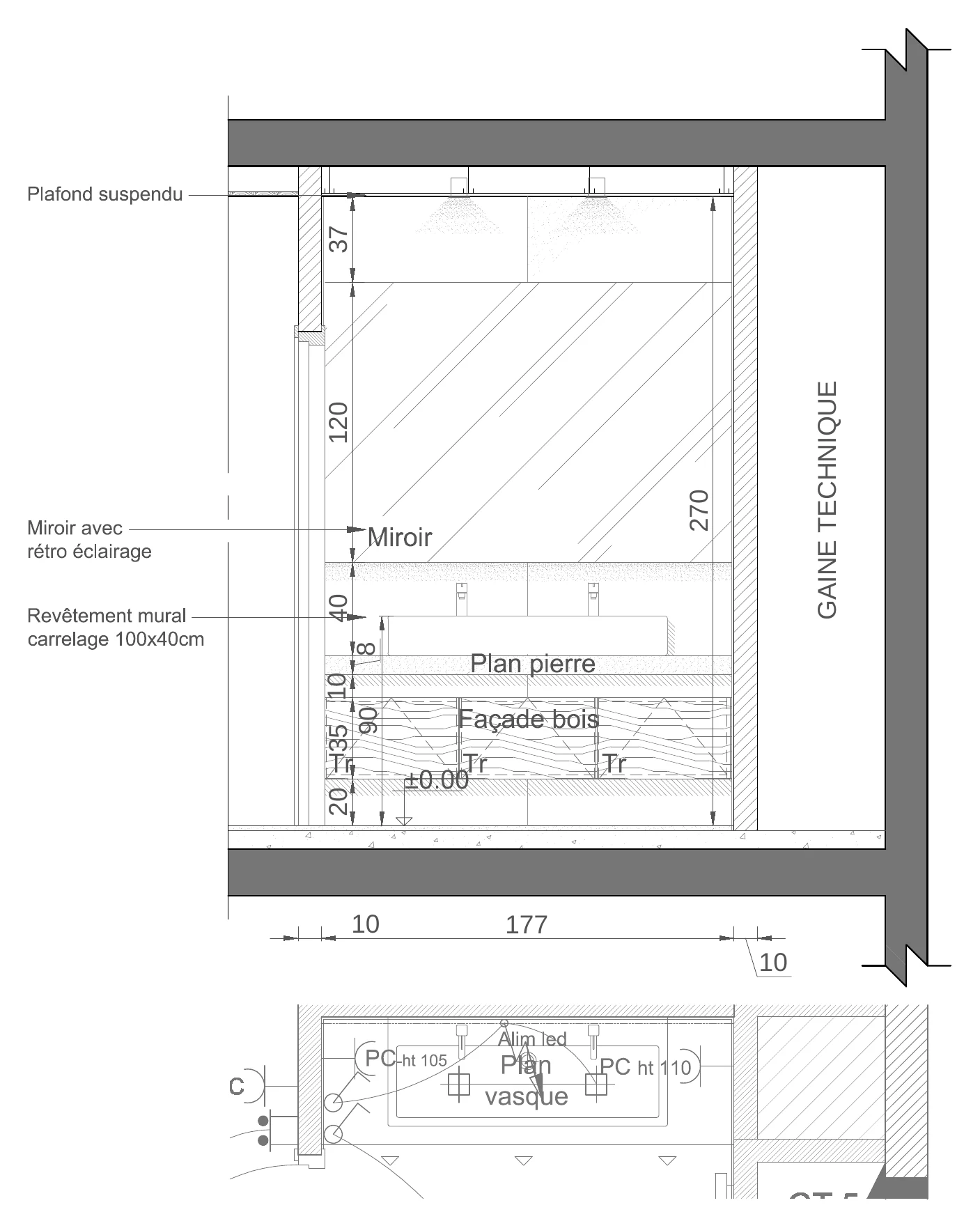Élévation de la salle de bain : plan vasque en pierre sur façade bois, miroir rétroéclairé et carrelage grand format.