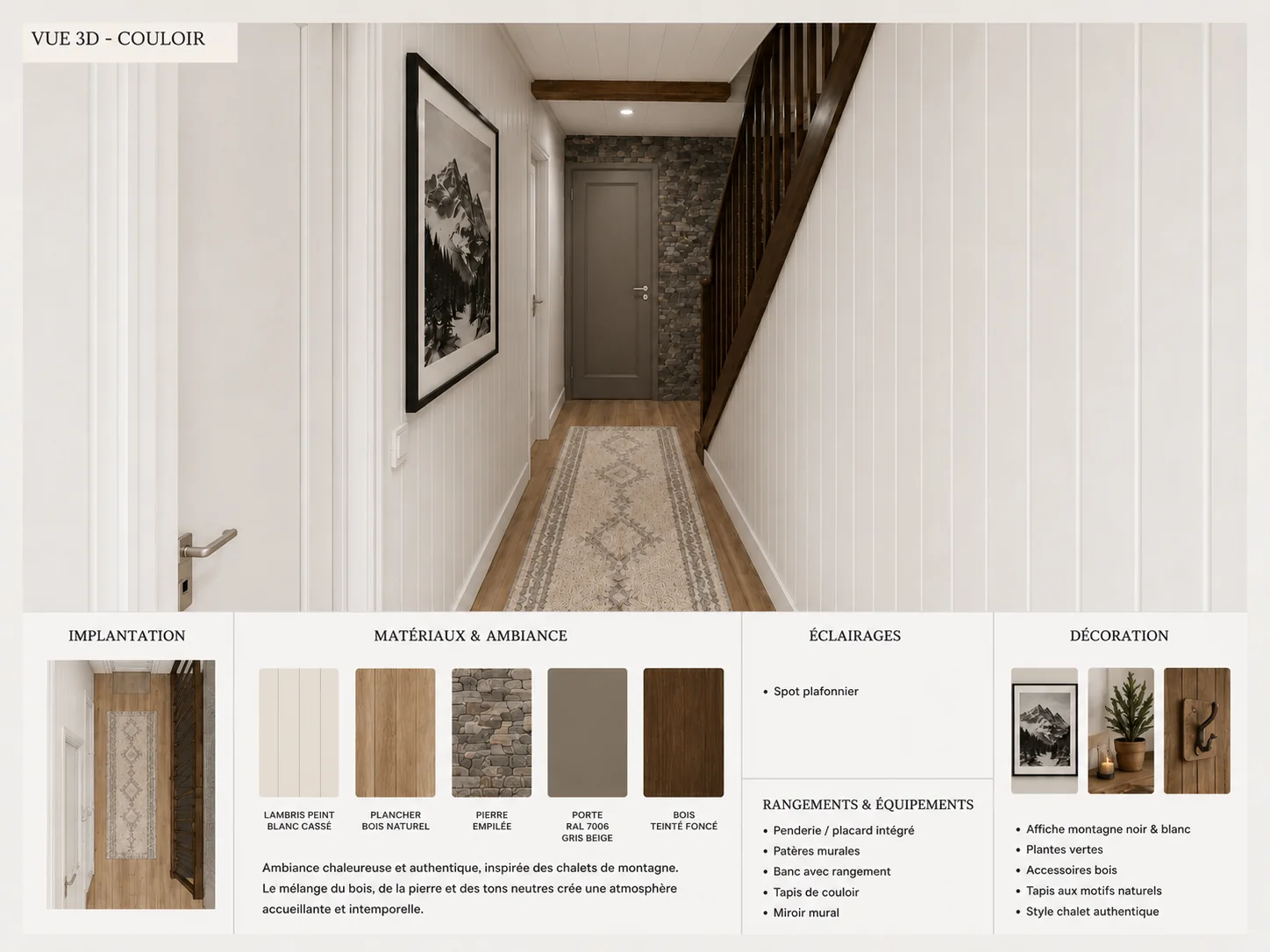 Planche d'ambiance du couloir : projection avec lambris blanc et tapis, implantation, palette lambris, bois et pierre.