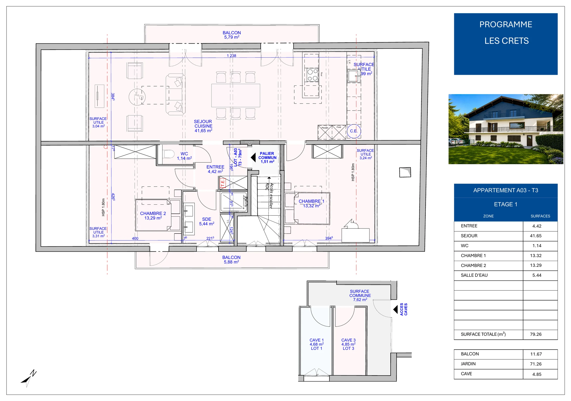 Plan de vente du lot A03 : pièce de vie de 42 m², deux chambres, salle d'eau et deux balcons.
