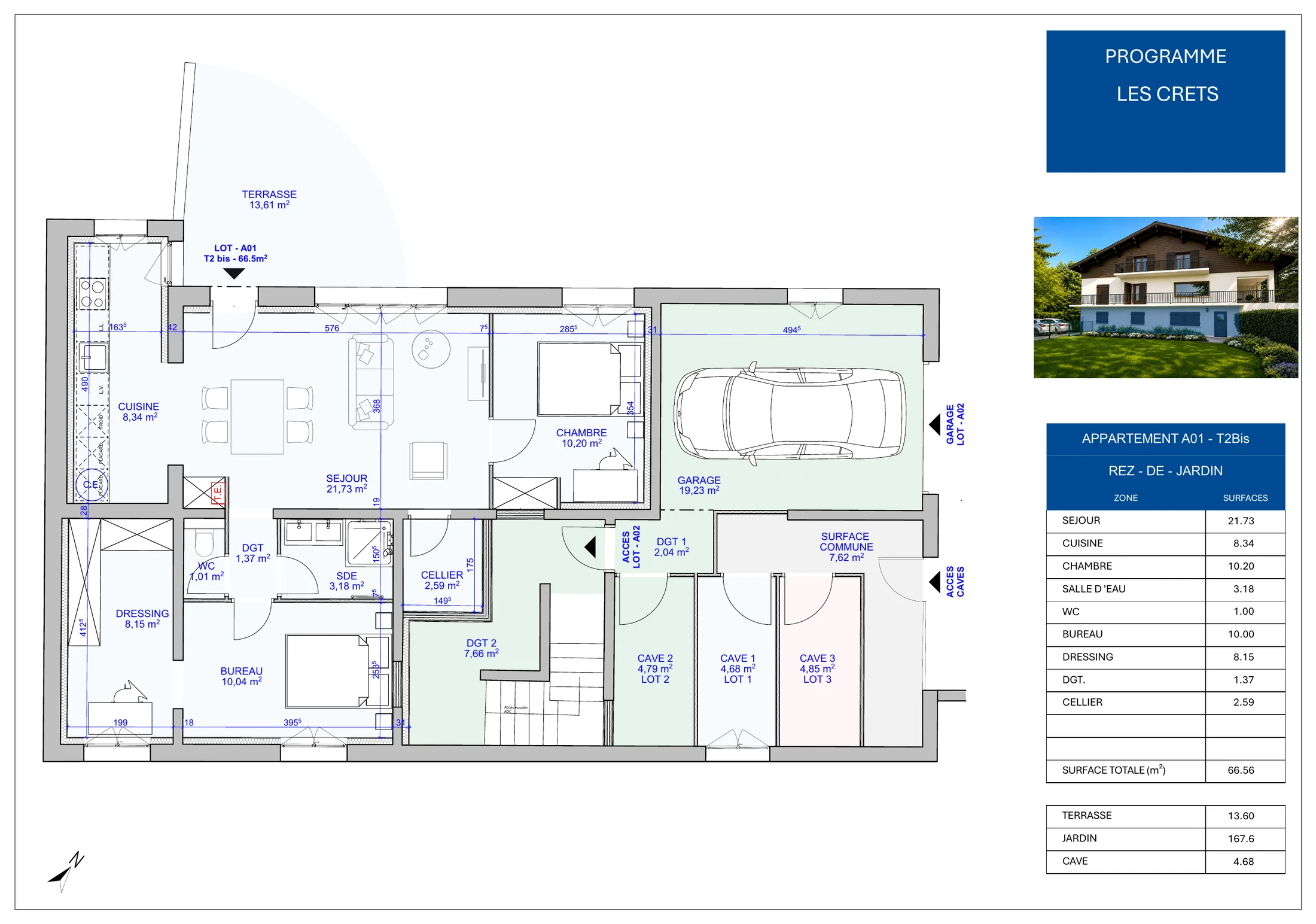 Plan de vente du lot A01 : séjour, cuisine, chambre, bureau, dressing, salle d'eau et terrasse.