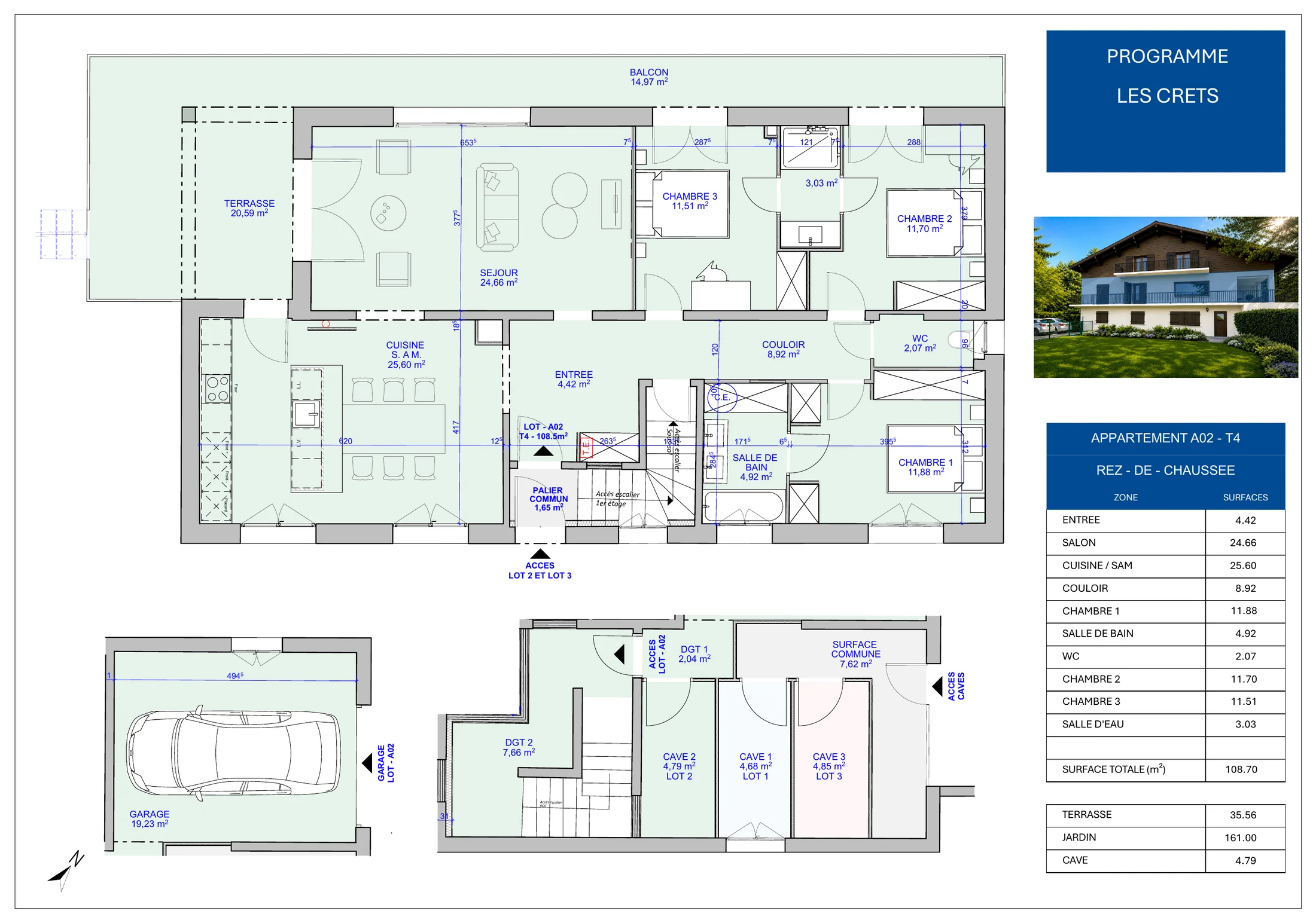 Plan de vente du lot A02 : salon, cuisine et salle à manger, trois chambres, salle de bain, terrasse, balcon et garage.