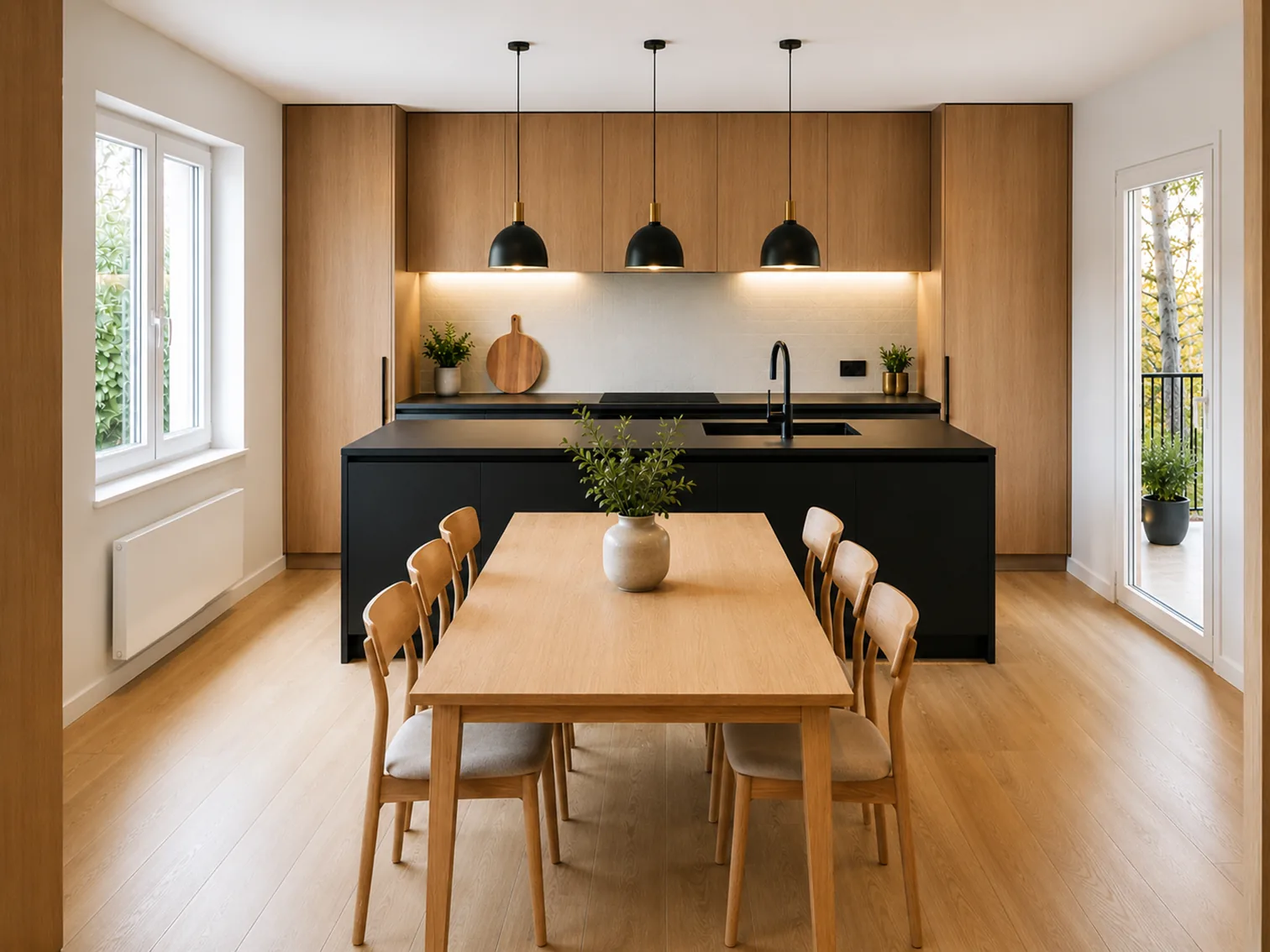 Cuisine avec îlot noir, façades en bois clair, suspensions noires et table en bois.