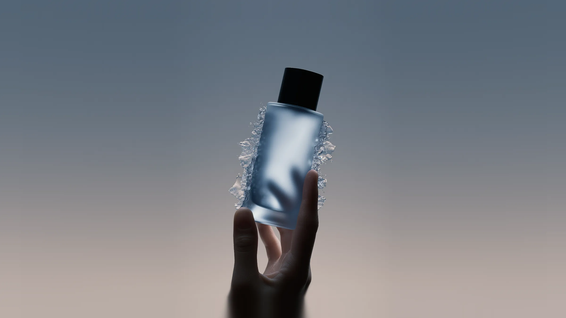 Hand holding a frosted glass bottle with a black cap surrounded by splashing water against a gradient background.