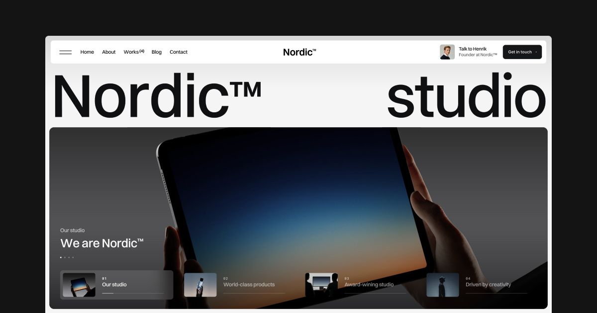 Website homepage showing Nordic™ studio with a large tablet held by two hands and navigation menu including Home, About, Works, Blog, Contact, and contact options.