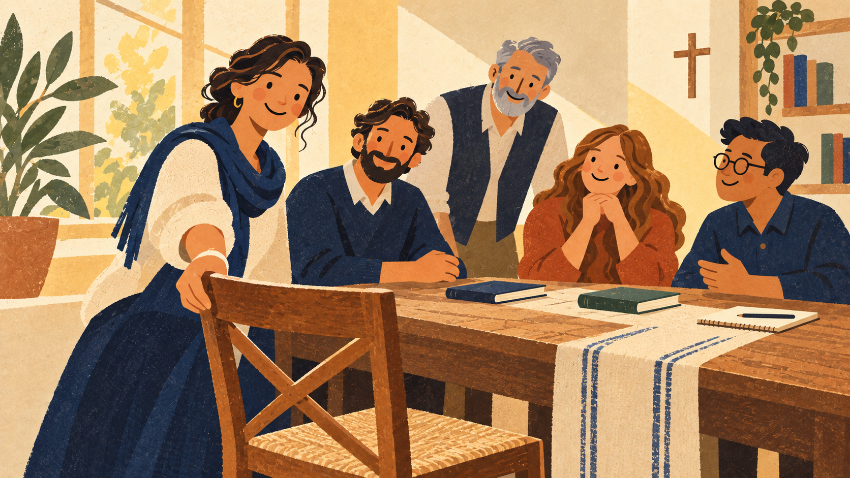 A warm, hand-drawn illustration of five people gathered around a table, with a woman offering an empty chair to welcome others into the mission. Books, a notebook, and a simple cross suggest shared purpose, education, and faith.