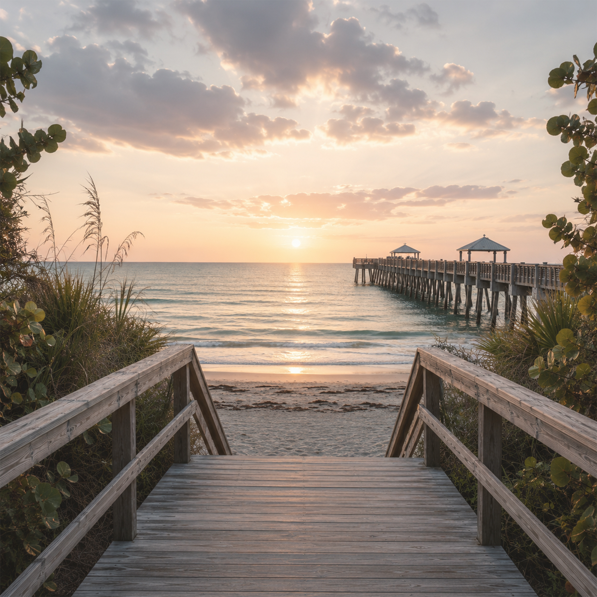 Sunrise over the Jupiter pier and beach boardwalk in Jupiter, Florida