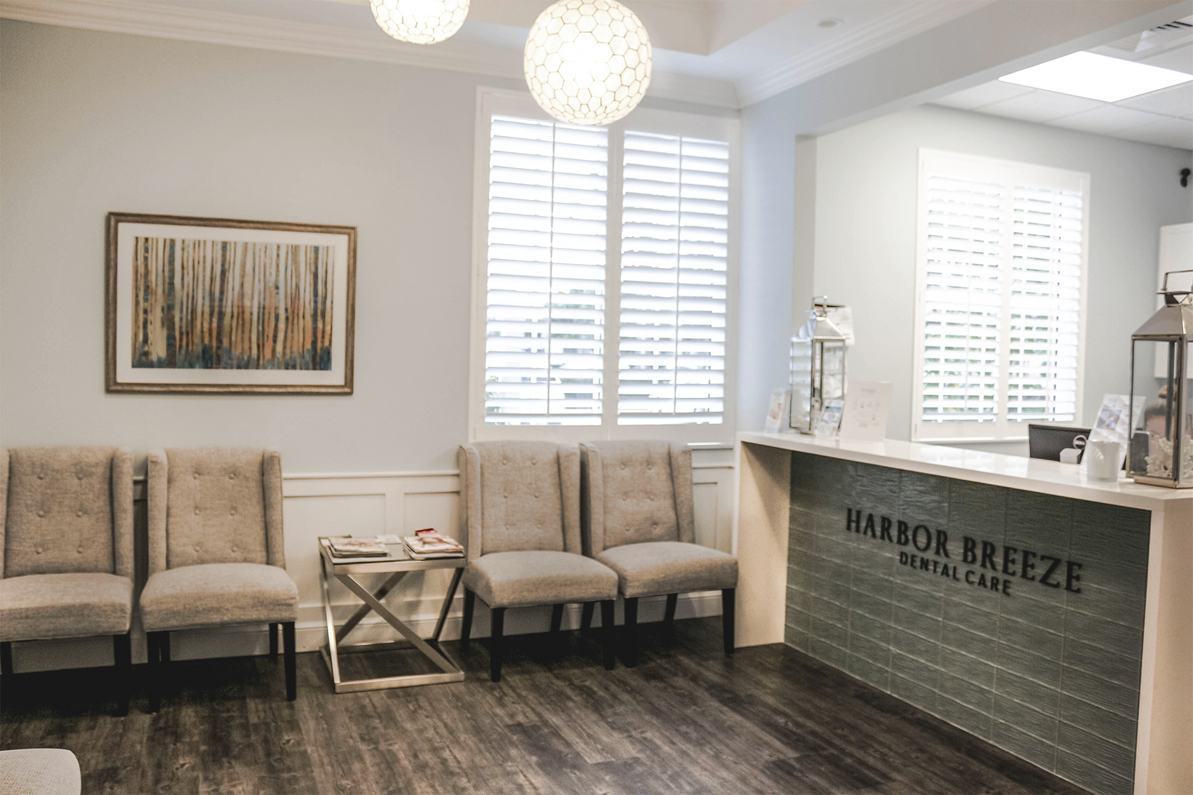 Light-filled patient lounge at Harbor Breeze Dental Care