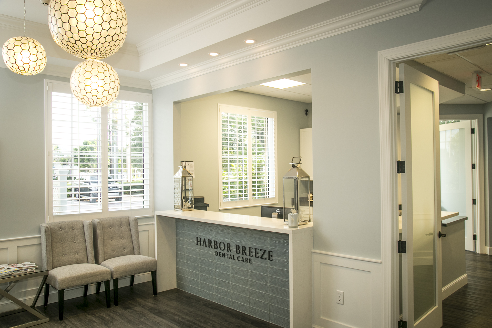 The calm, bright front office at Harbor Breeze Dental Care