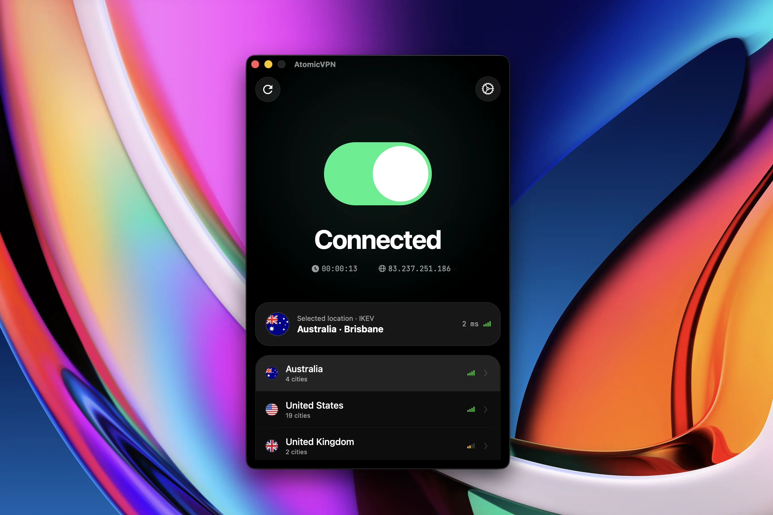 Atomic VPN app connected, hiding the real IP from IP loggers