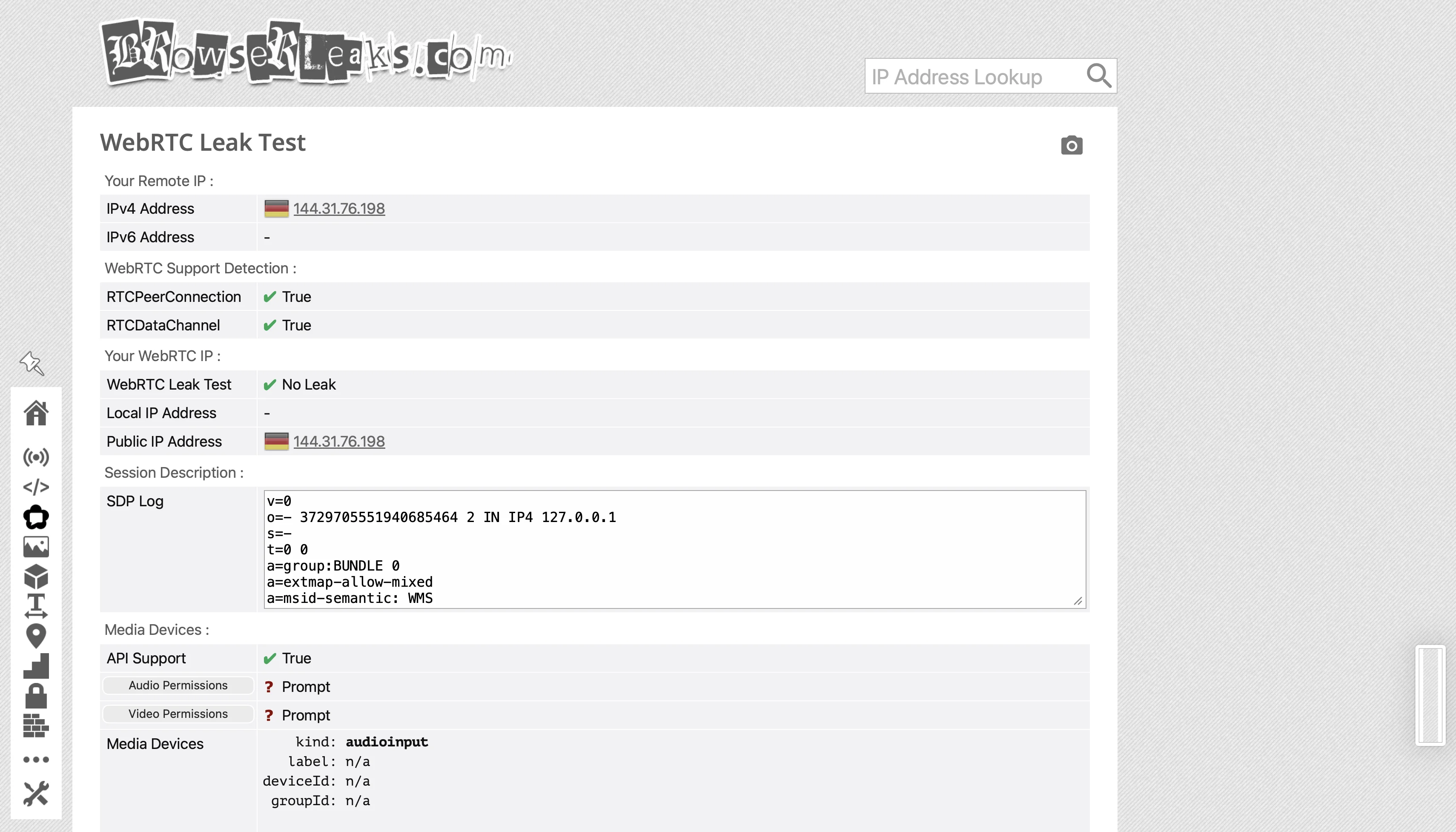 WebRTC leak test showing only the VPN server IP with Atomic VPN on