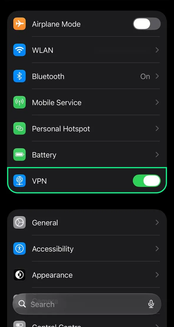 iPhone Settings screen with the VPN toggle highlighted, in the same group as Bluetooth and Personal Hotspot