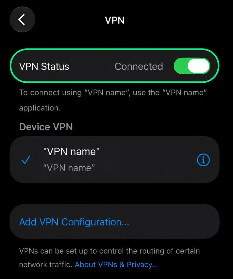 iPhone VPN screen with the VPN Status toggle set to Connected and the active VPN marked with a checkmark