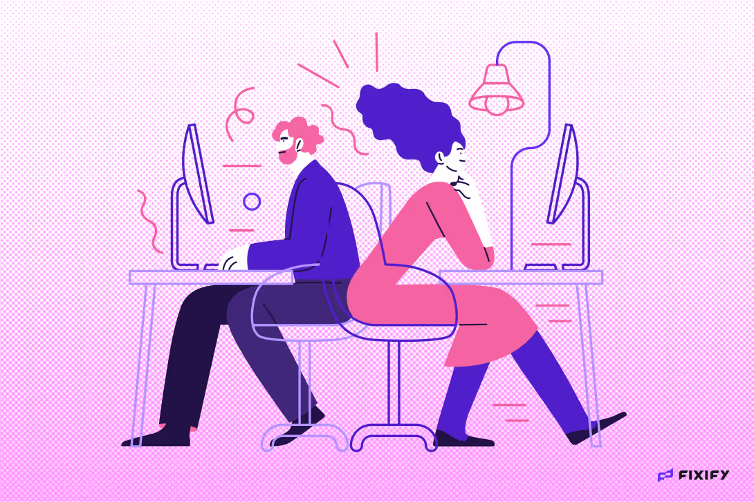 Two frustrated coworkers sitting back to back at their desks