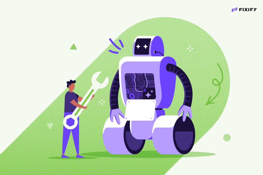 Technician with a giant wrench repairing a friendly robot