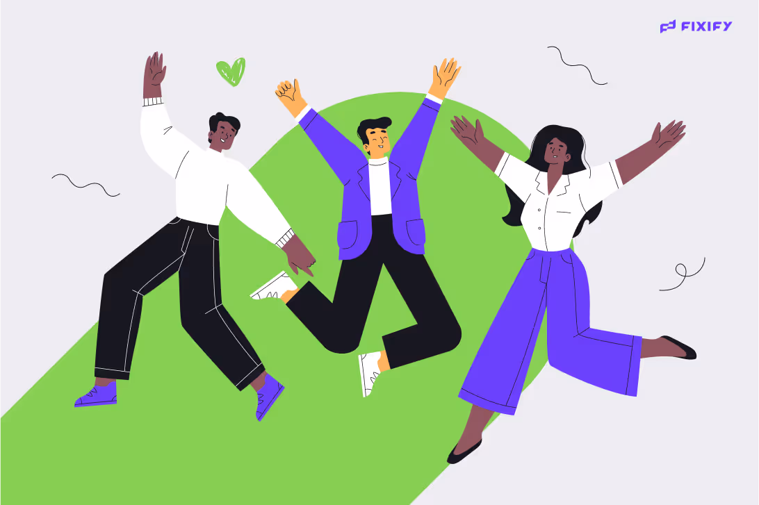 Three happy employees jumping in celebration