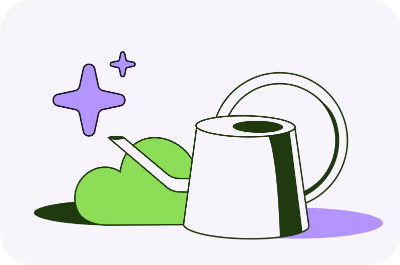 Illustration of a white teapot with green shadow, green cloud, and two purple sparkle stars on a light background.