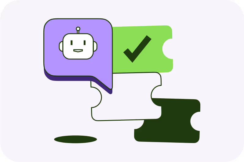 Illustration of three jigsaw puzzle pieces; one purple with a robot icon, one green with a checkmark, and one empty dark green piece.