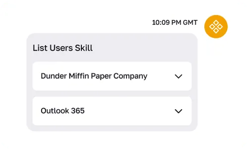 Mobile screen showing a user interface with 'List Users Skill' and dropdown menus for 'Dunder Mifflin Paper Company' and 'Outlook 365', timestamp 10:09 PM GMT.