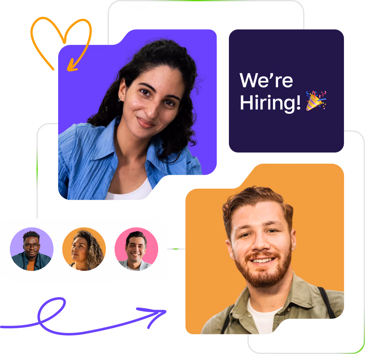Collage with portraits of smiling diverse people and a text box saying "We're Hiring!" with celebration emoji.