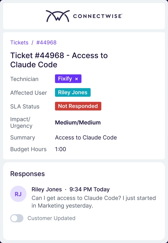 ConnectWise ticket #44968, a request for access to Claude Code, assigned to Fixify