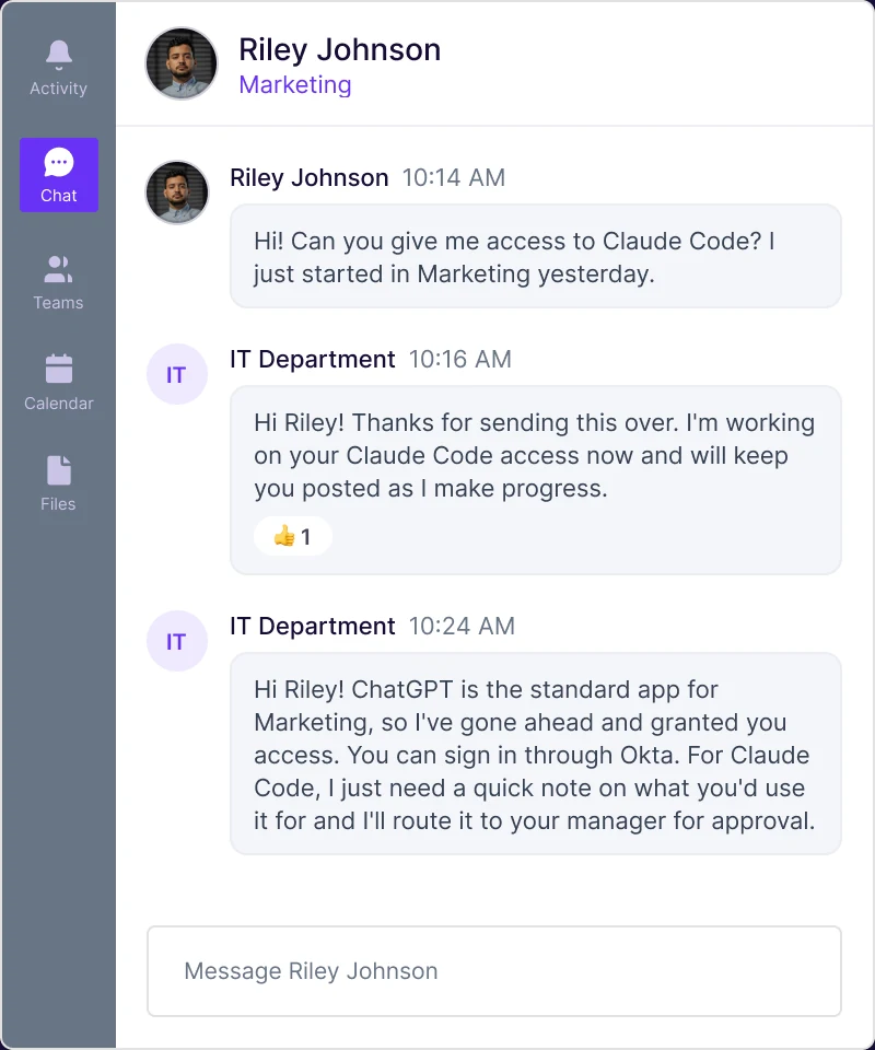 Chat in which IT tells the user ChatGPT access is granted and asks what Claude Code is for before routing it for approval
