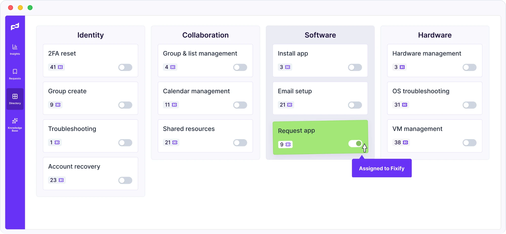 Fixify app showing automated use cases grouped by Identity, Collaboration, Software and Hardware