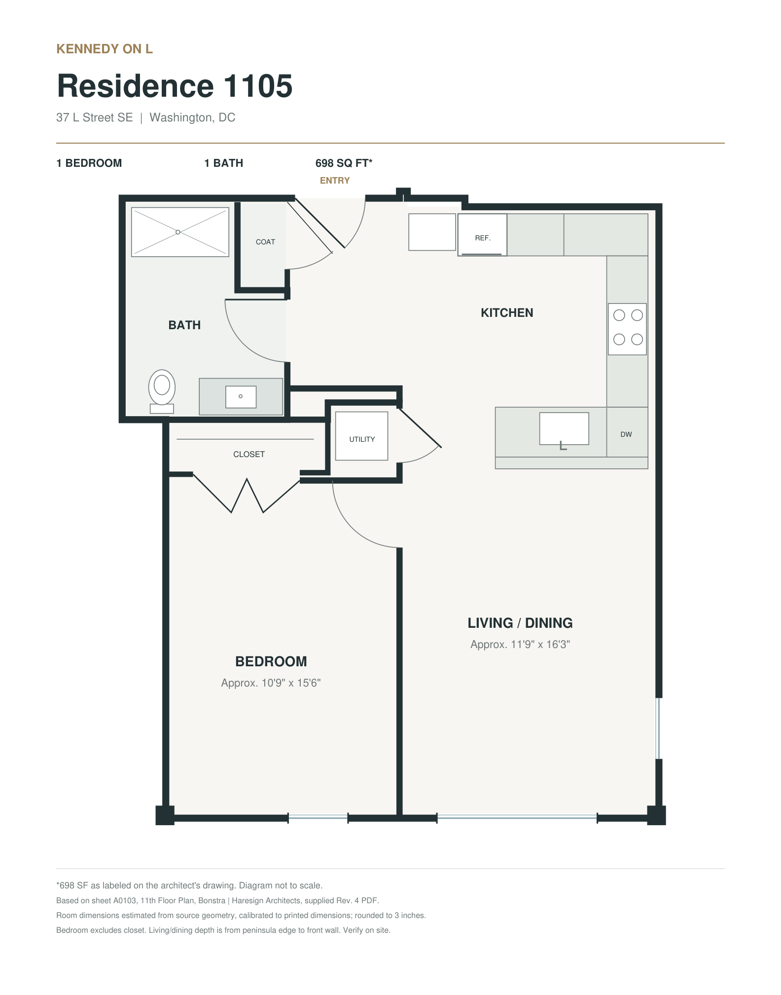 Floor plan for Residence 1105 at Kennedy on L, 37 L Street SE, Washington DC — 1 bedroom, 1 bath, about 698 sq ft