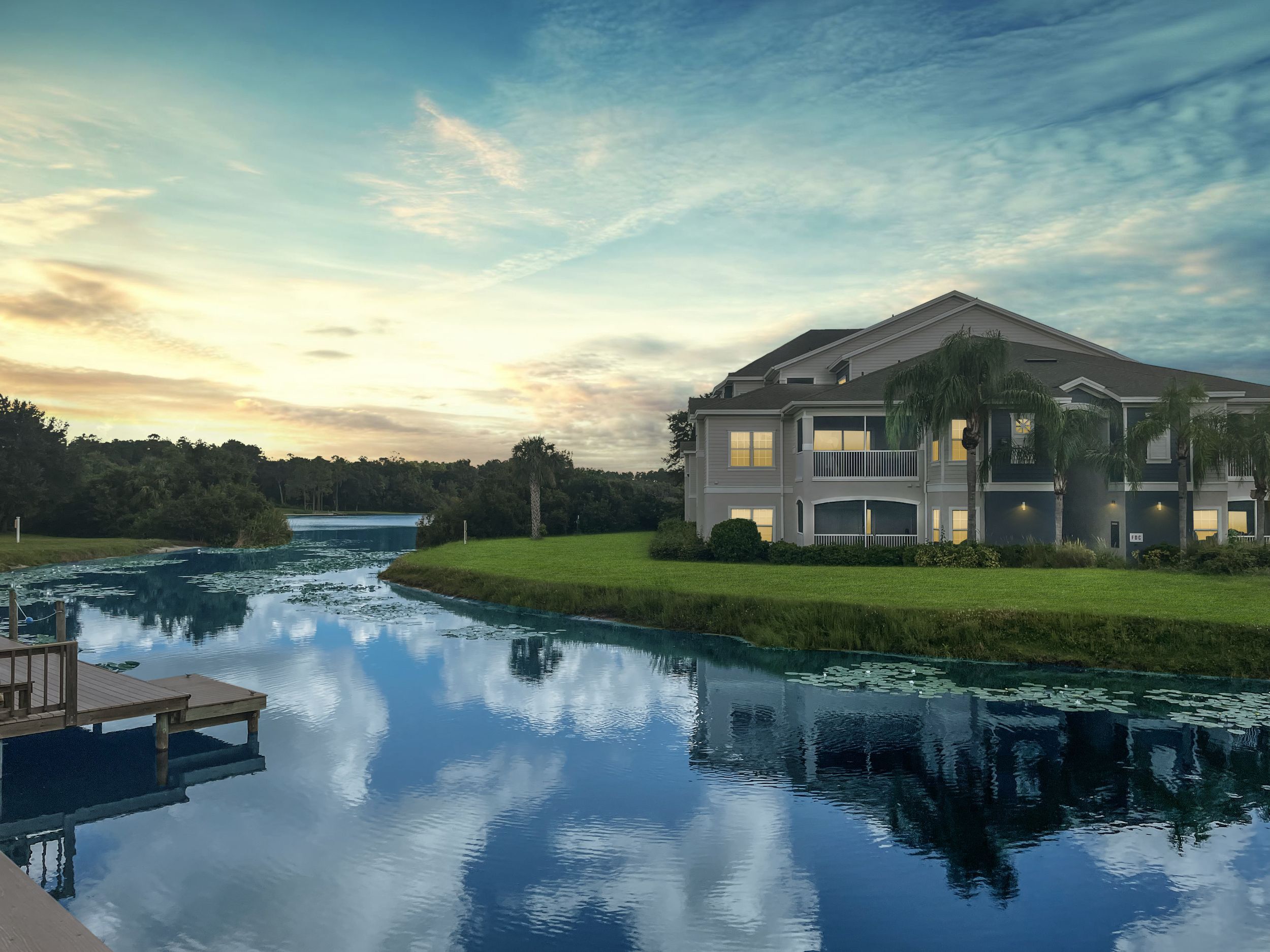 Lake 28: Buildings across the lake at dusk