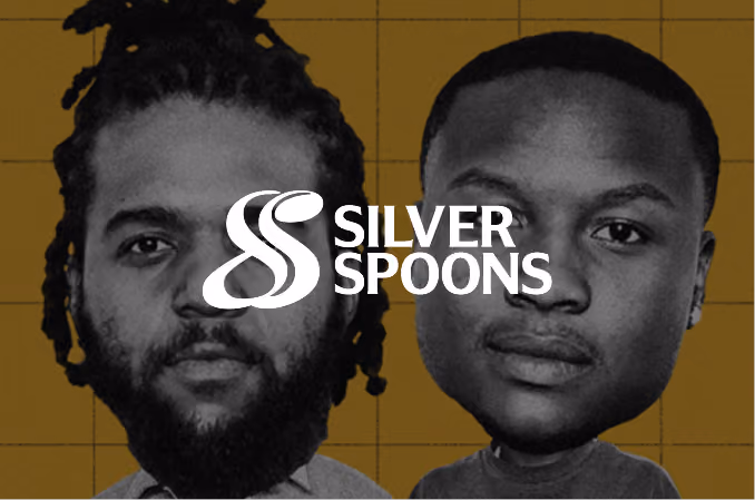 Black-and-white caricature-style close-up portraits of two men with serious expressions against a muted yellow grid background, featuring the white Silver Spoons logo centered over them.