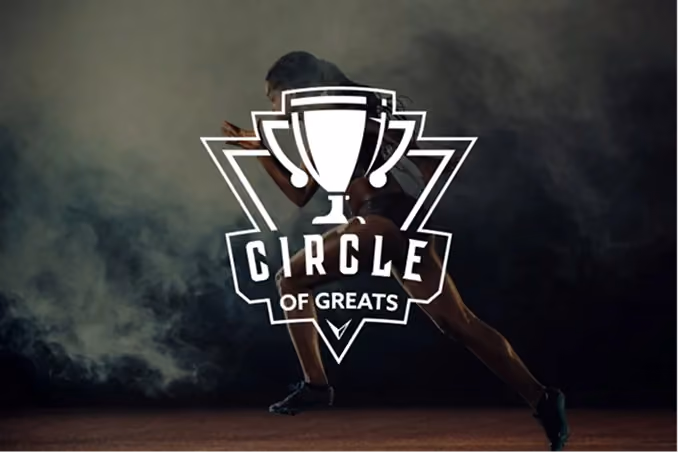 Silhouette of a runner in a sprinting pose with smoke or fog in the background and a white trophy logo overlay that reads 'Circle of Greats'.