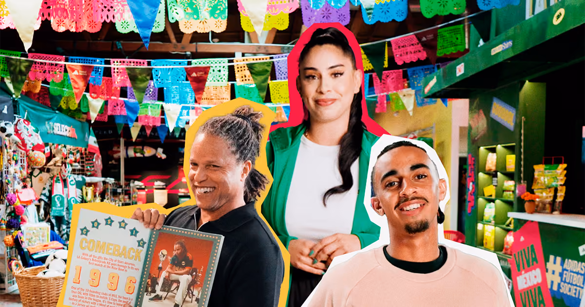 Three people smiling inside a vibrant market decorated with colorful papel picado banners; the person on the left holds a framed picture and text about a 1996 comeback.
