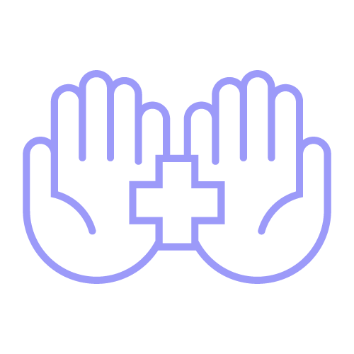 Purple outline of two open hands facing forward with a plus sign between them on a black background.