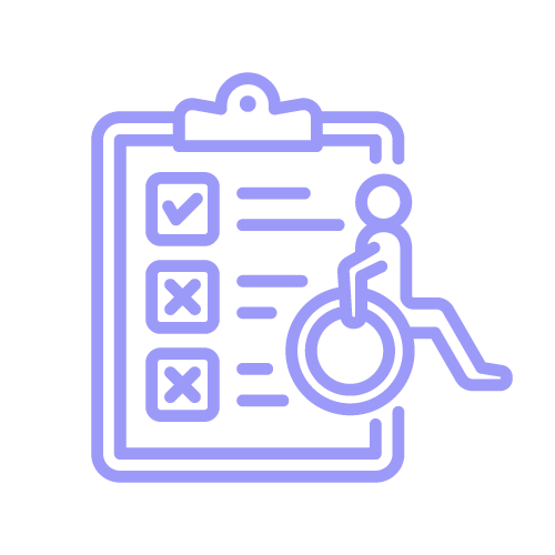 Purple icon of a checklist on a clipboard with one checked box and two unchecked boxes, next to a wheelchair symbol representing accessibility or disability accommodations.