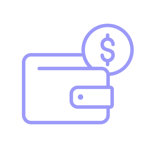 Purple outline icon of a closed wallet with a dollar coin behind it on a black background, symbolizing money or finance.