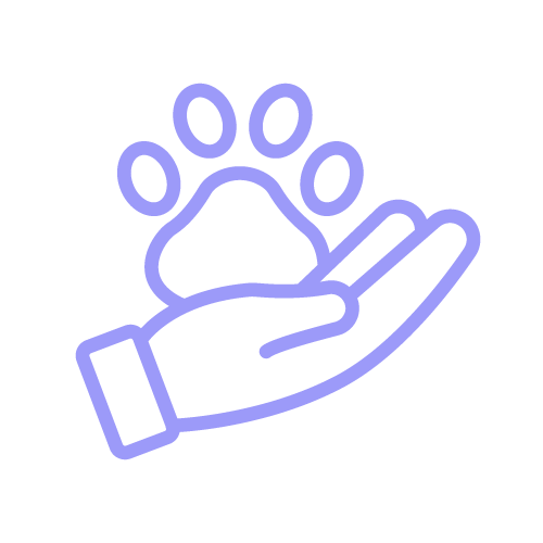 Purple outline of an open hand holding a paw print, symbolizing pet care or animal support.