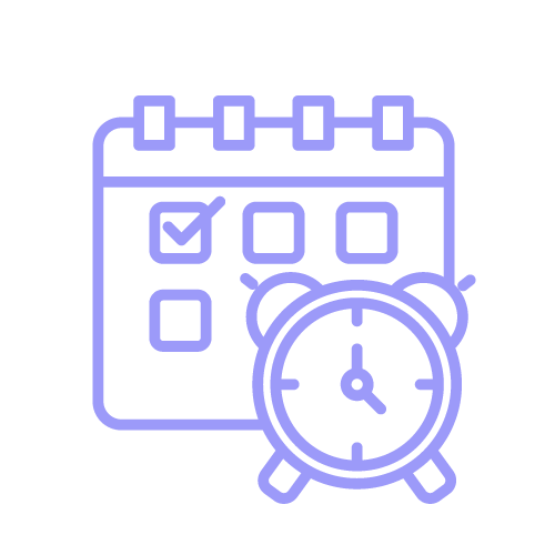 Icon of a calendar with a checkmark on one date and an alarm clock in front, symbolizing scheduling or reminders.