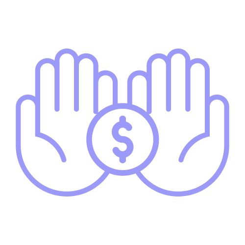 Outlined icon of two raised palms facing forward with a dollar sign symbol inside a circle between them, representing financial caution or protection.
