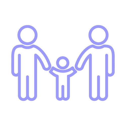 Purple minimalist icon of two adult figures holding hands with a smaller child figure between them on a black background.