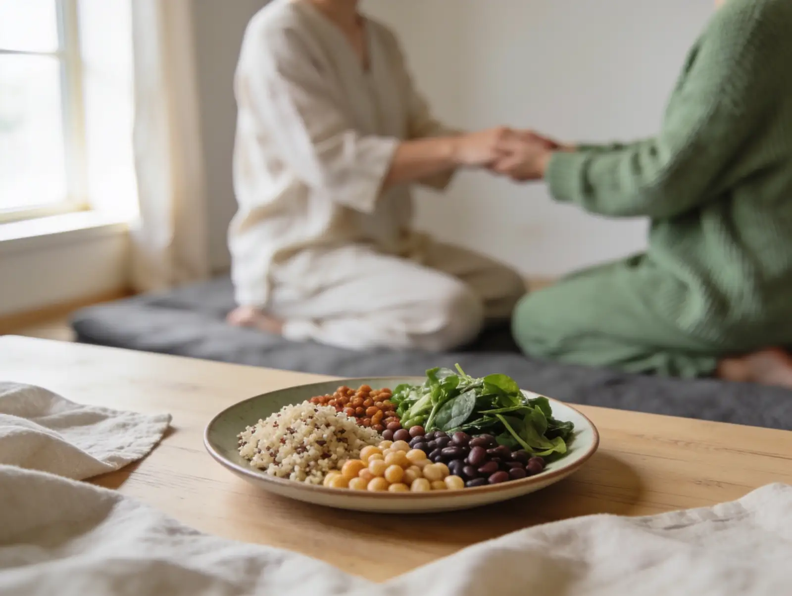 Two people sharing a healthy meal of fresh vegetables and grains at a wooden table