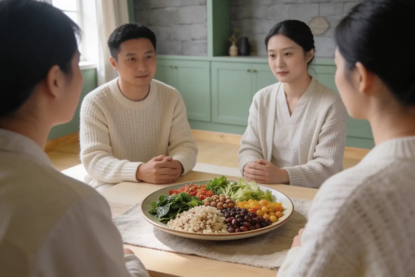 Friends gathered around a table for a mindful, home-cooked meal