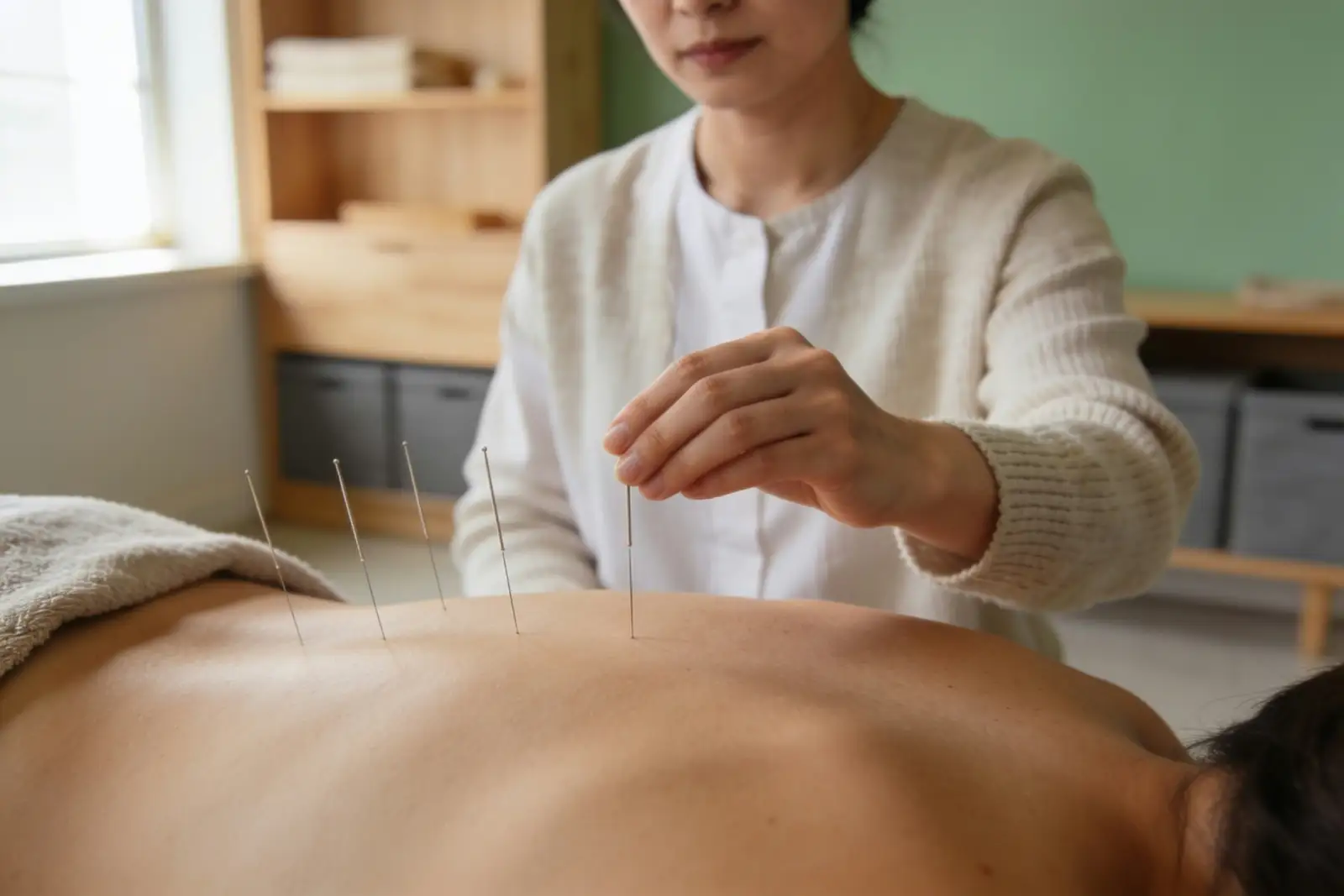 Fine acupuncture needles placed on a relaxed patient during a session