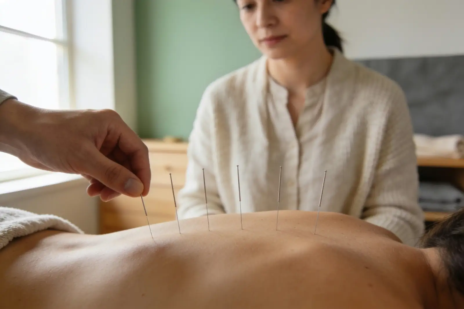 Patient resting on a treatment table during an acupuncture session